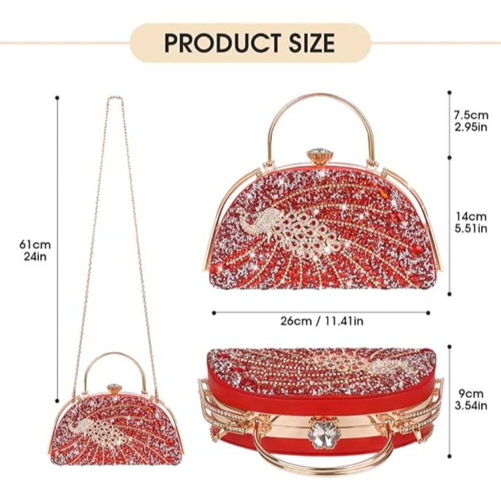 Peacock Rhinestone Evening Purse Handbag Red Shoulder Chain Holiday Party NEW - Picture 2 of 3